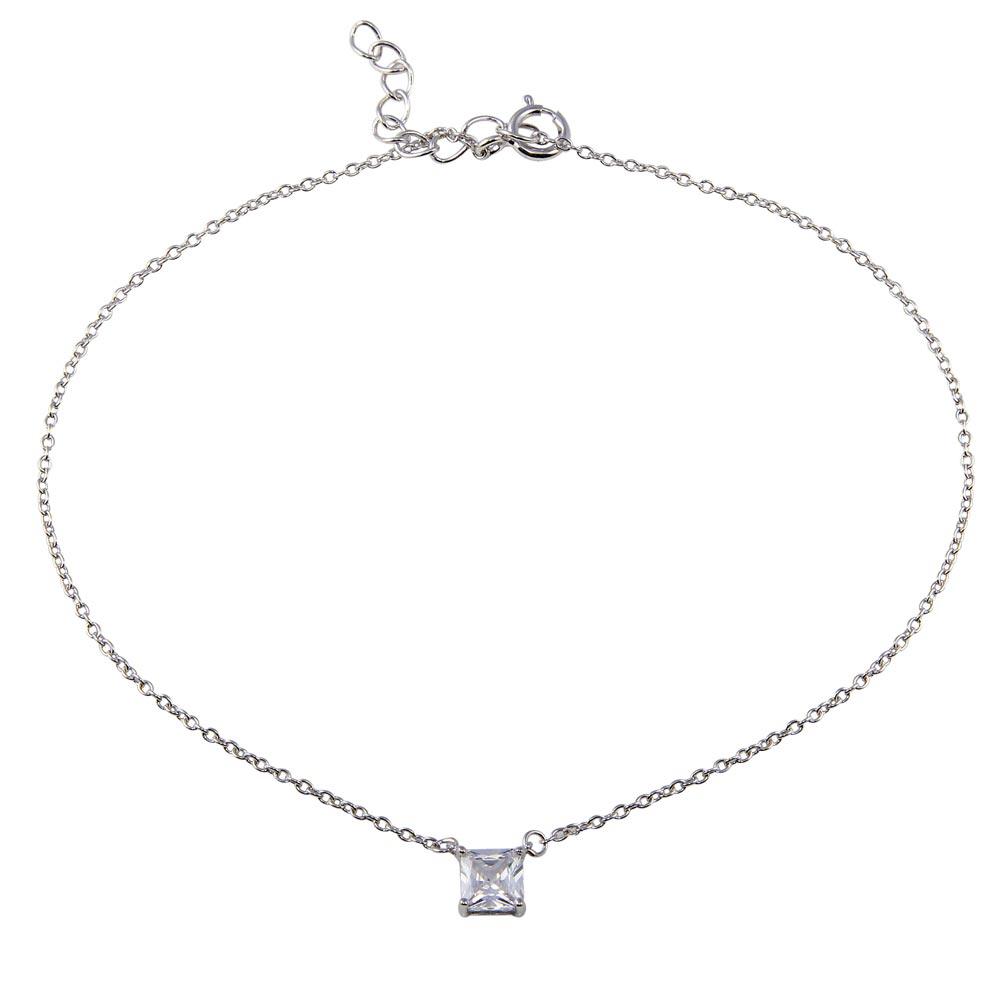 Rhodium Plated 925 Sterling Silver Square CZ Anklet - BGF00028