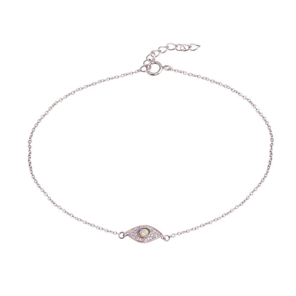 Rhodium Plated 925 Sterling Silver Evil Eye CZ Opal Anklet - BGF00029