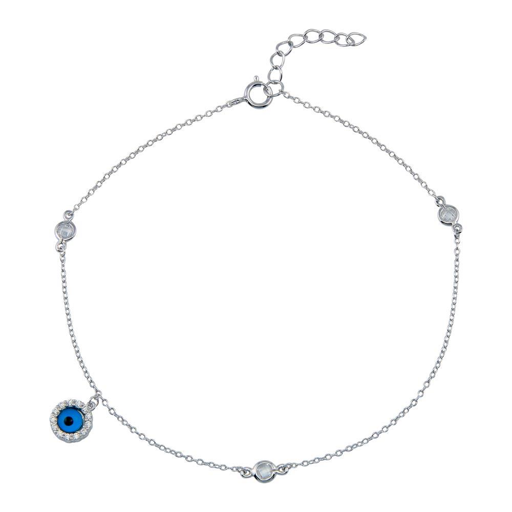 Rhodium Plated 925 Sterling Silver Evil Eye CZ Link Anklet - BGF00033