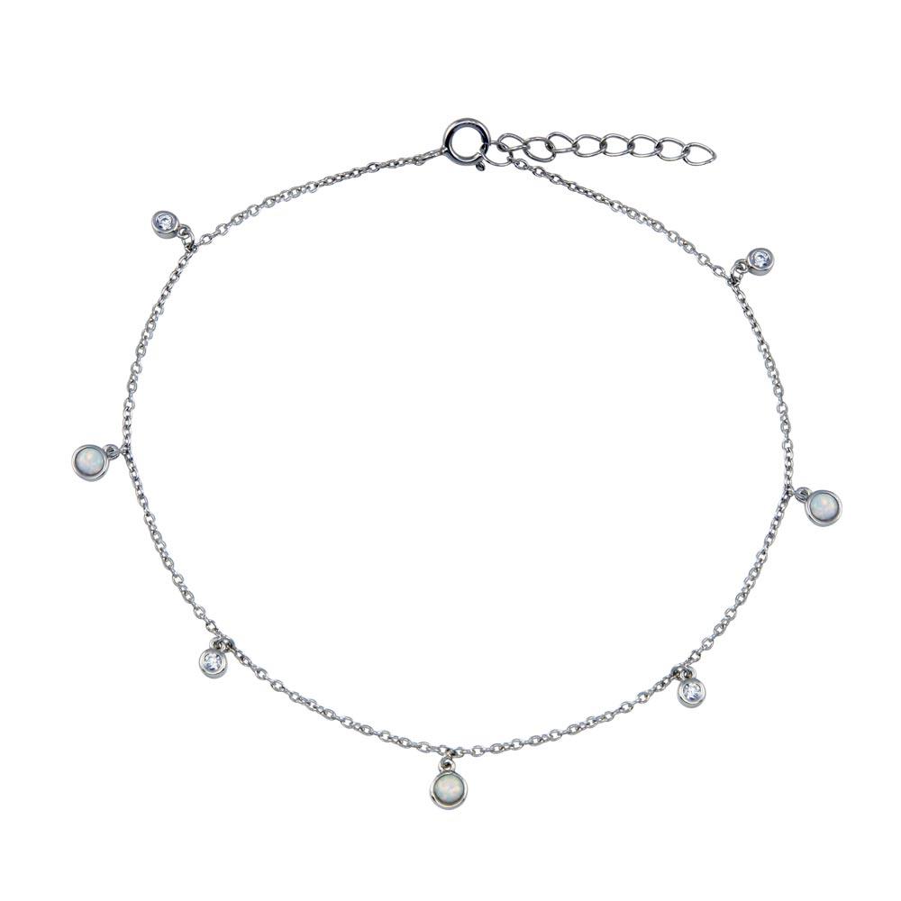 Rhodium Plated 925 Sterling Silver Dangling CZ MOP Link Anklet - BGF00034