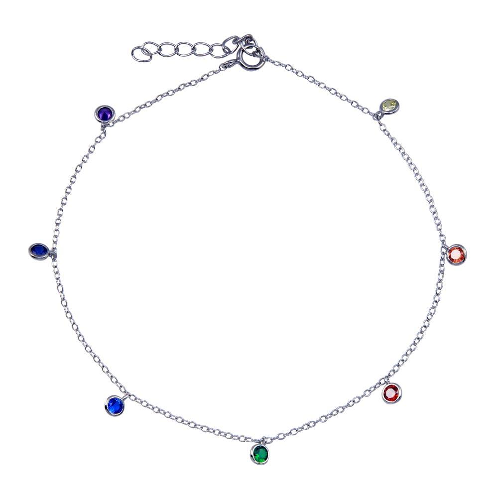 Rhodium Plated 925 Sterling Silver Multi Color CZ Dangling Anklet - BGF00038