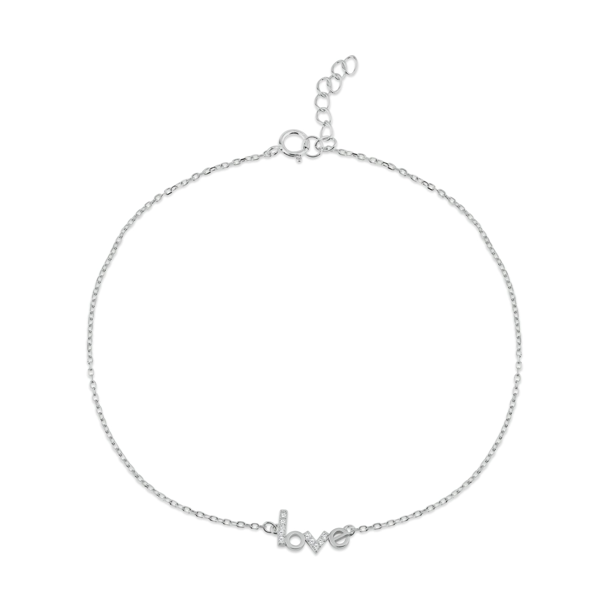 Rhodium Plated 925 Sterling Silver LOVE CZ Anklet - BGF00041