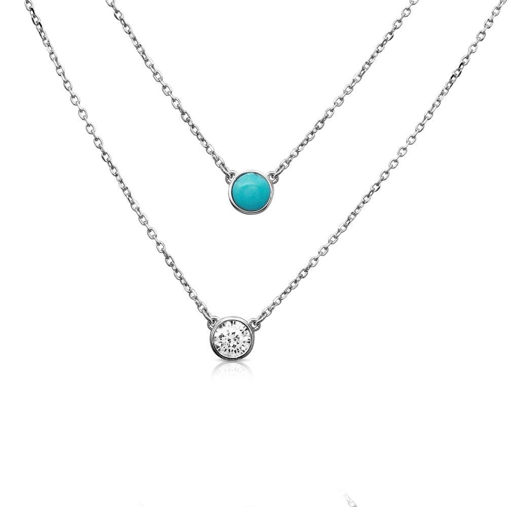 Rhodium Plated 925 Sterling Silver 2 Stranded Necklace with Turquoise and CZ - BGP01167