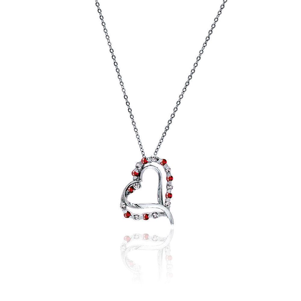 Silver 925 Red and Clear CZ Rhodium Plated Heart Necklace - BGP00031RED