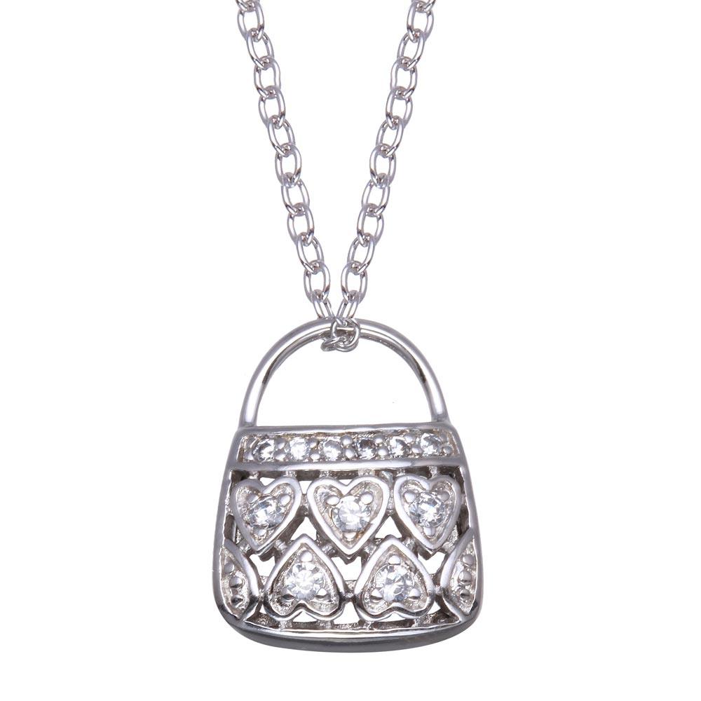 Closeout-Rhodium Plated 925 Sterling Silver Clear CZ Purse Necklace - BGP00081