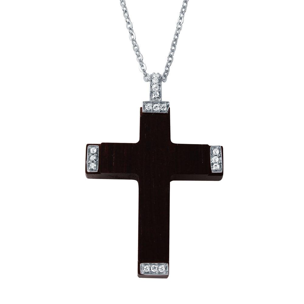 Closeout-Silver 925 Rhodium Plated CZ Black Wood Pendant Necklace - BGP00102