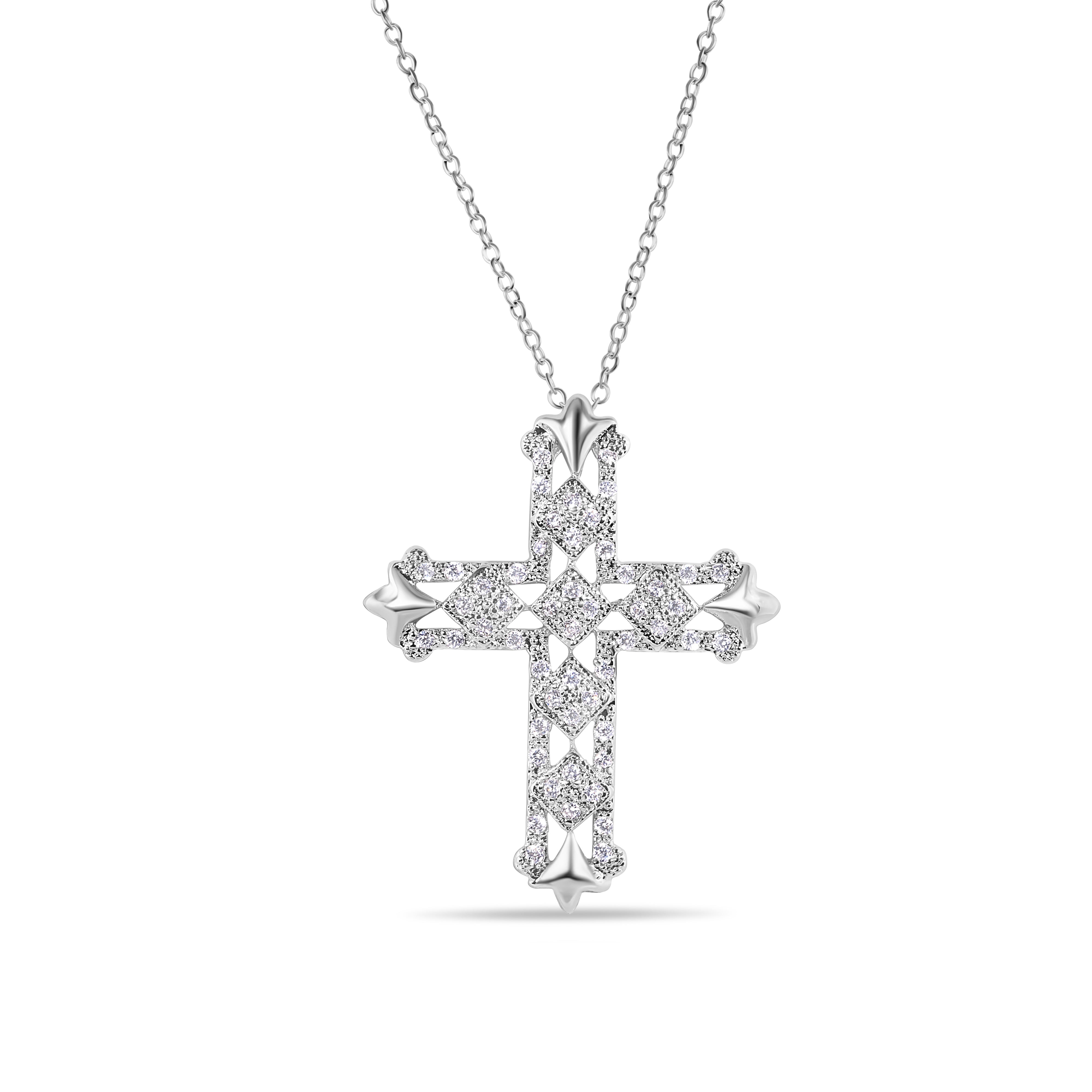 Silver 925 Clear CZ Rhodium Plated Cross Pendant Necklace - BGP00106