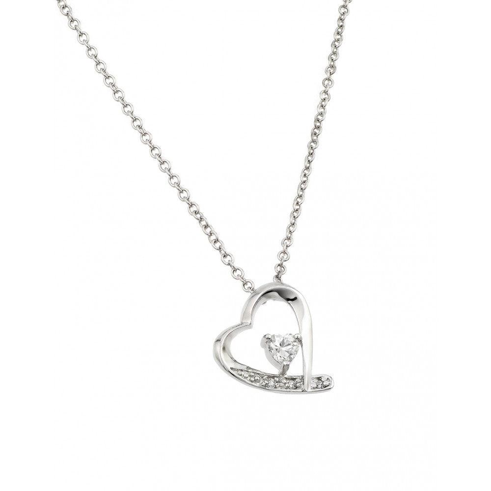 Silver 925 Clear CZ Rhodium Plated Heart Pendant Necklace - BGP00133