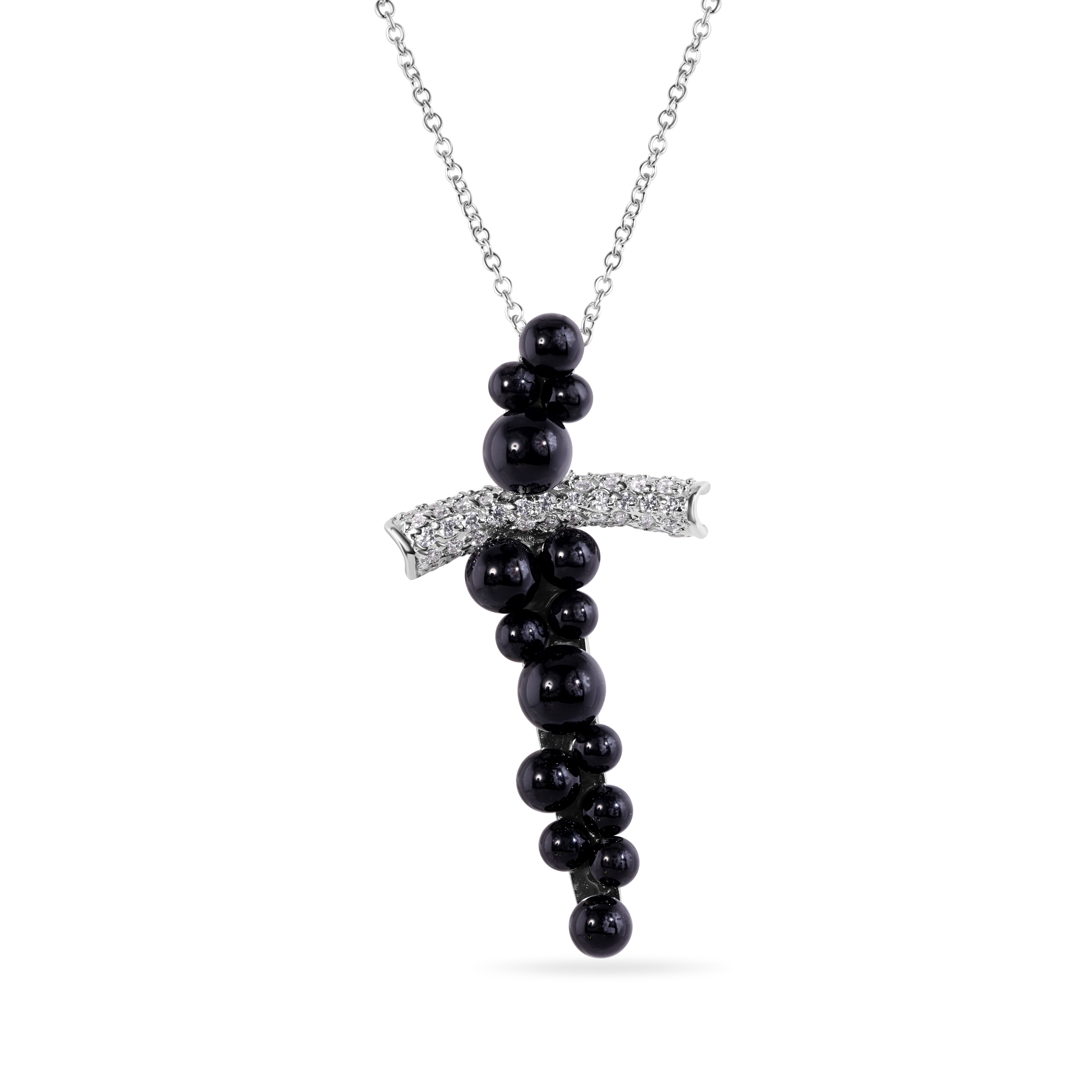 Closeout-Silver 925 Rhodium Plated Cross CZ Graduate Ball Black Onyx Necklace - BGP00170