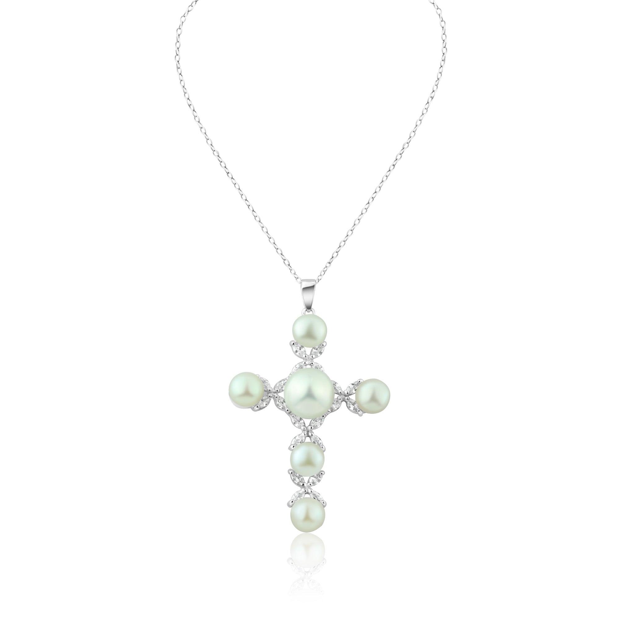 Silver 925 Rhodium Plated Cross CZ Pearl Necklace - BGP00302