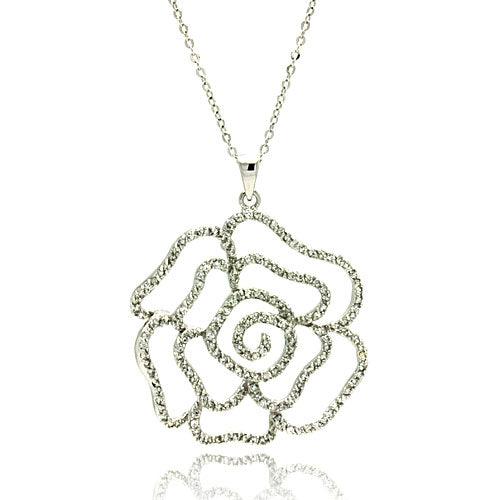 Closeout-Silver 925 Rhodium Plated Outline Flower CZ Necklace - BGP00318