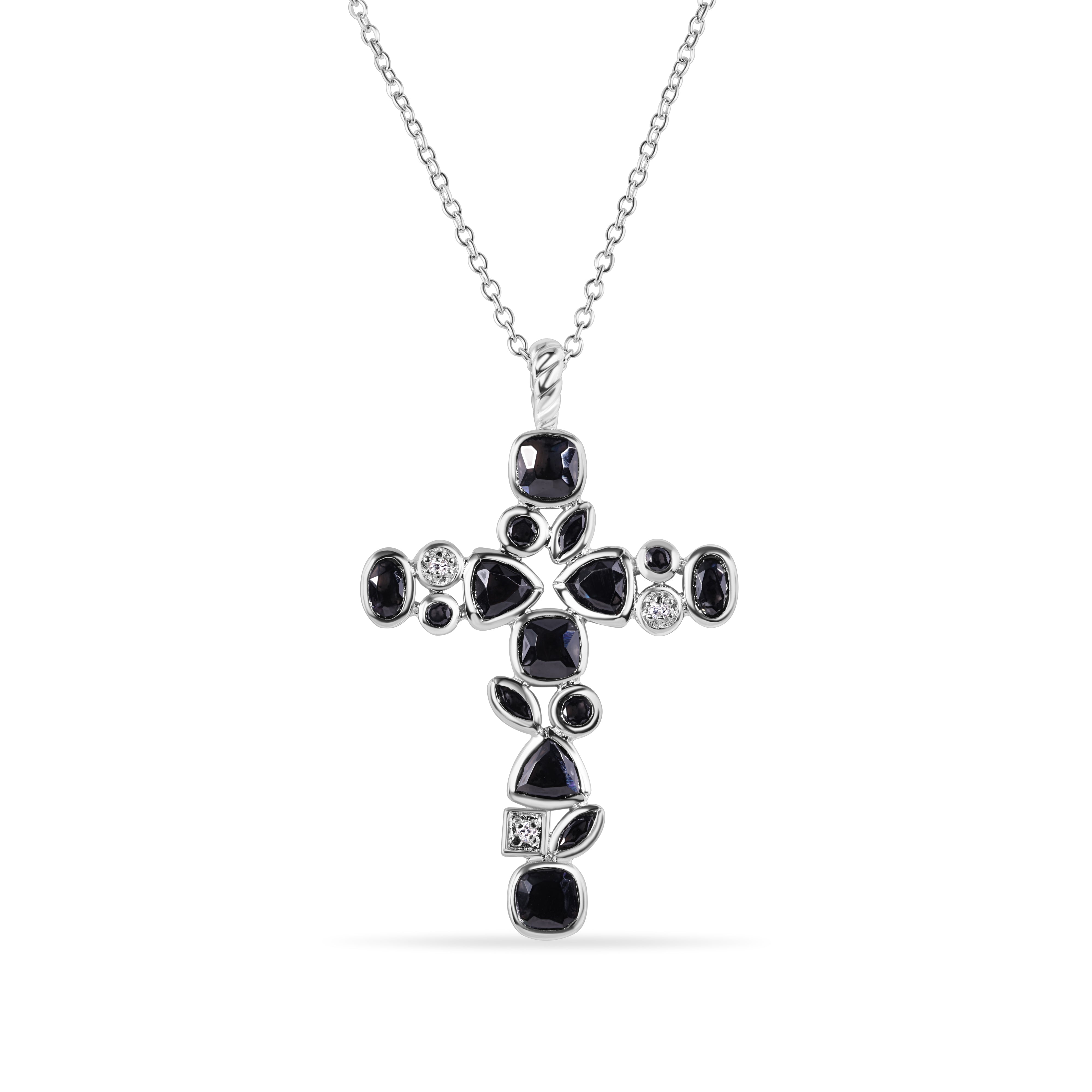 Silver 925 Rhodium Plated Cross Black and Clear Multi-shape CZ Necklace - BGP00341