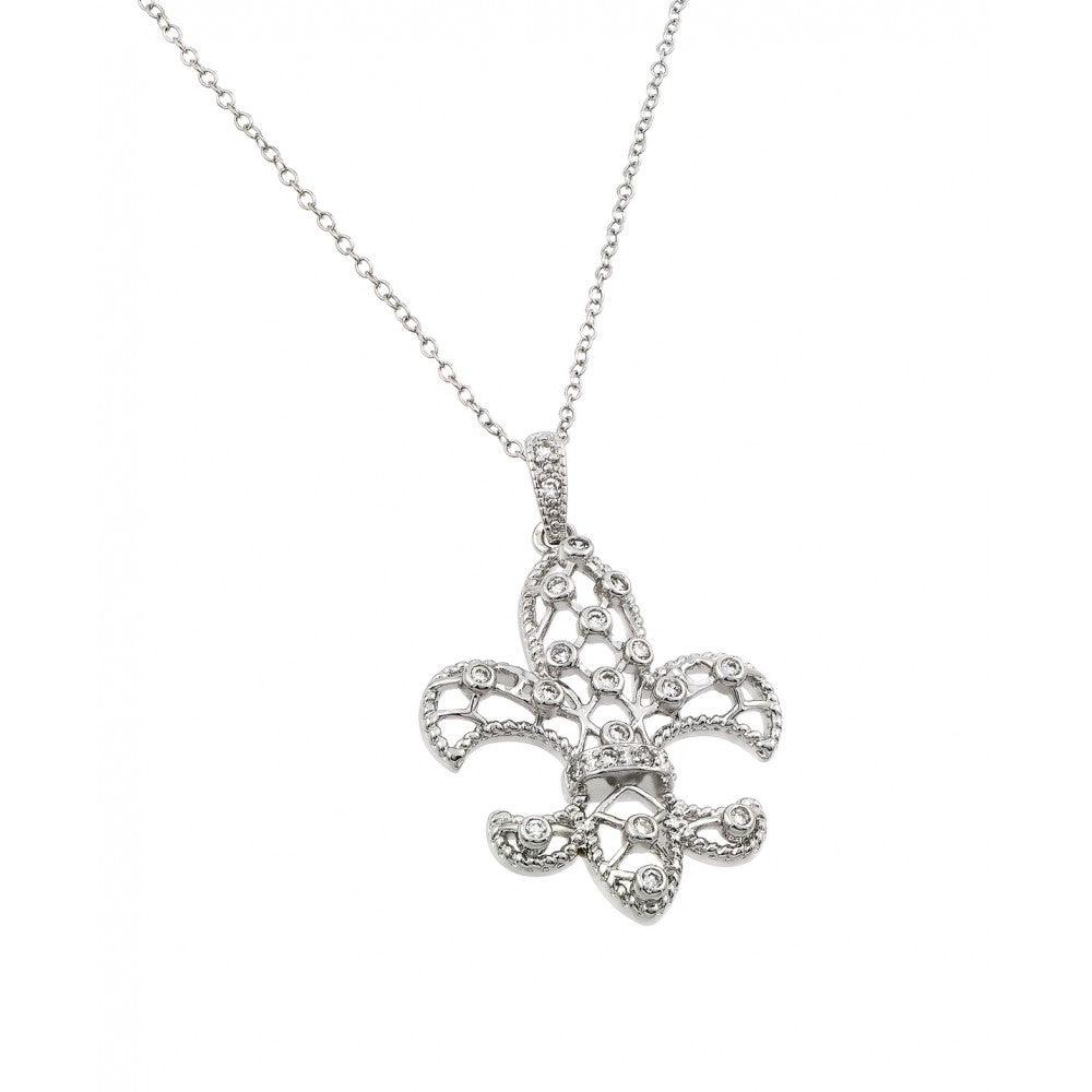 Silver 925 Rhodium Plated Open Fleur De Lis CZ Necklace - BGP00428