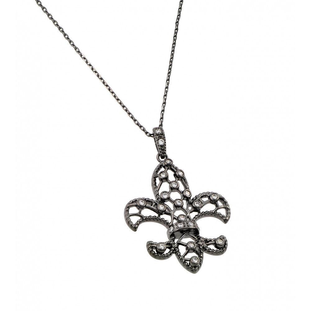 Silver 925 Black Rhodium Plated Open Fleur De Lis CZ Necklace - BGP00433