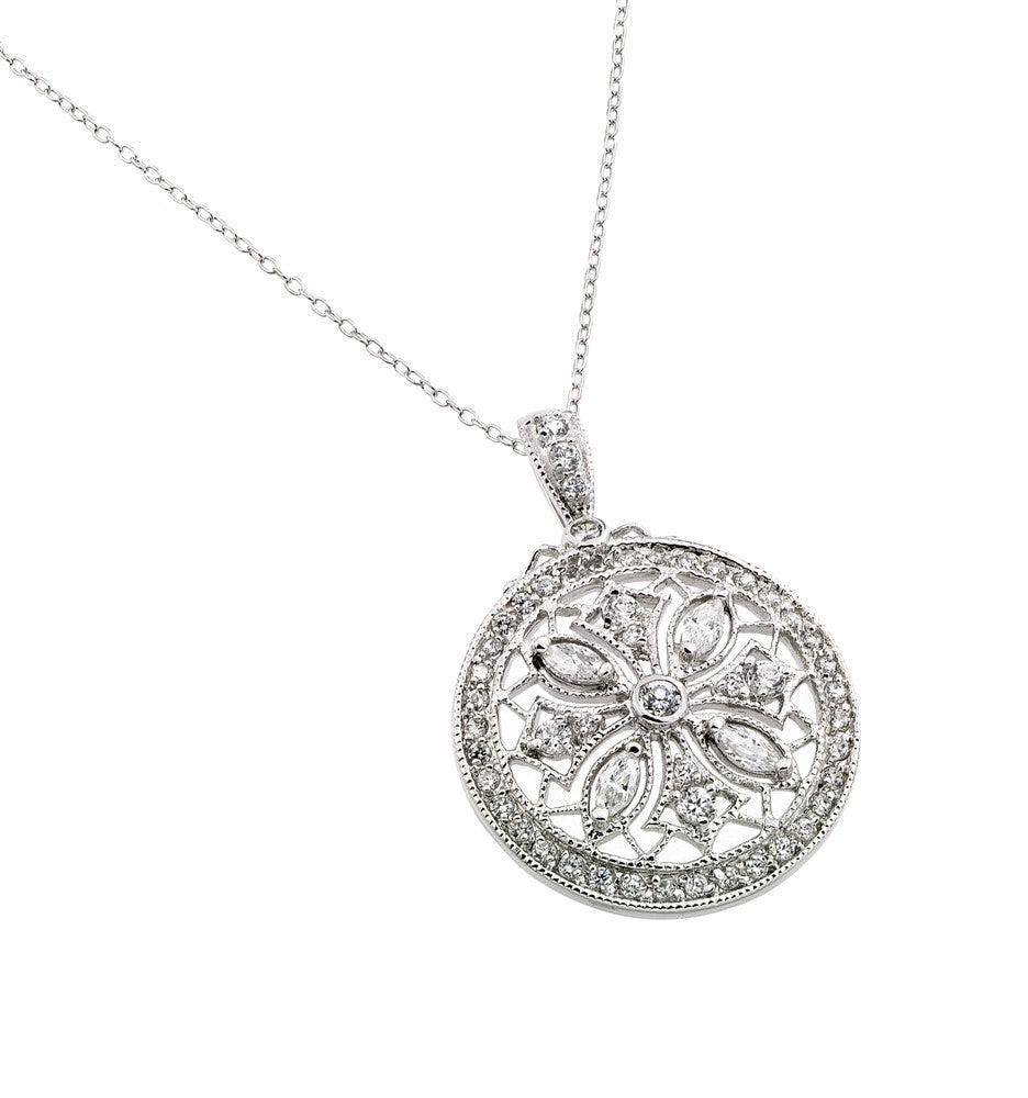 Silver 925 Rhodium Plated Disc Designed Filigree CZ Necklace - BGP00441RH