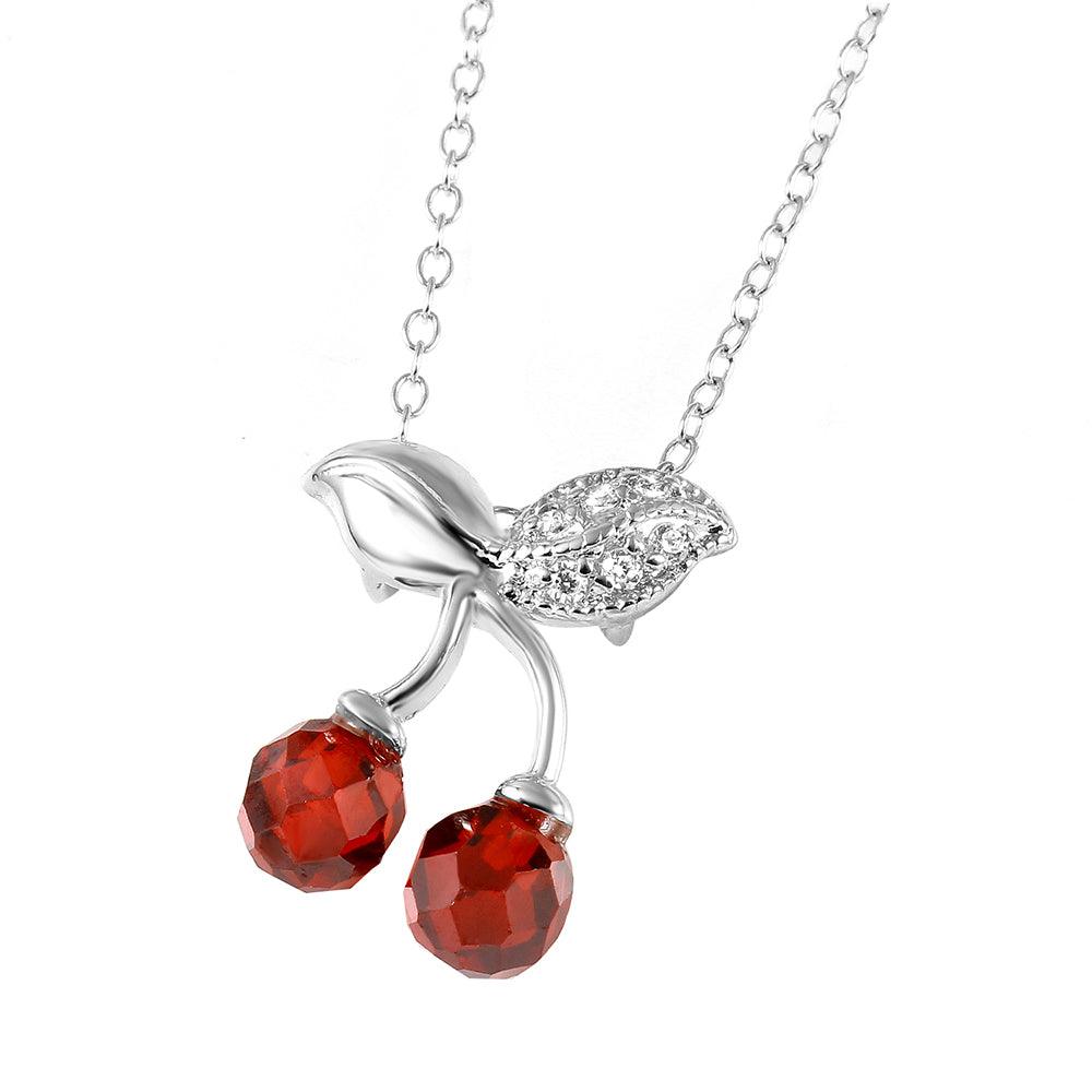 Silver 925 Rhodium Plated Cherries Necklace - BGP00443RED