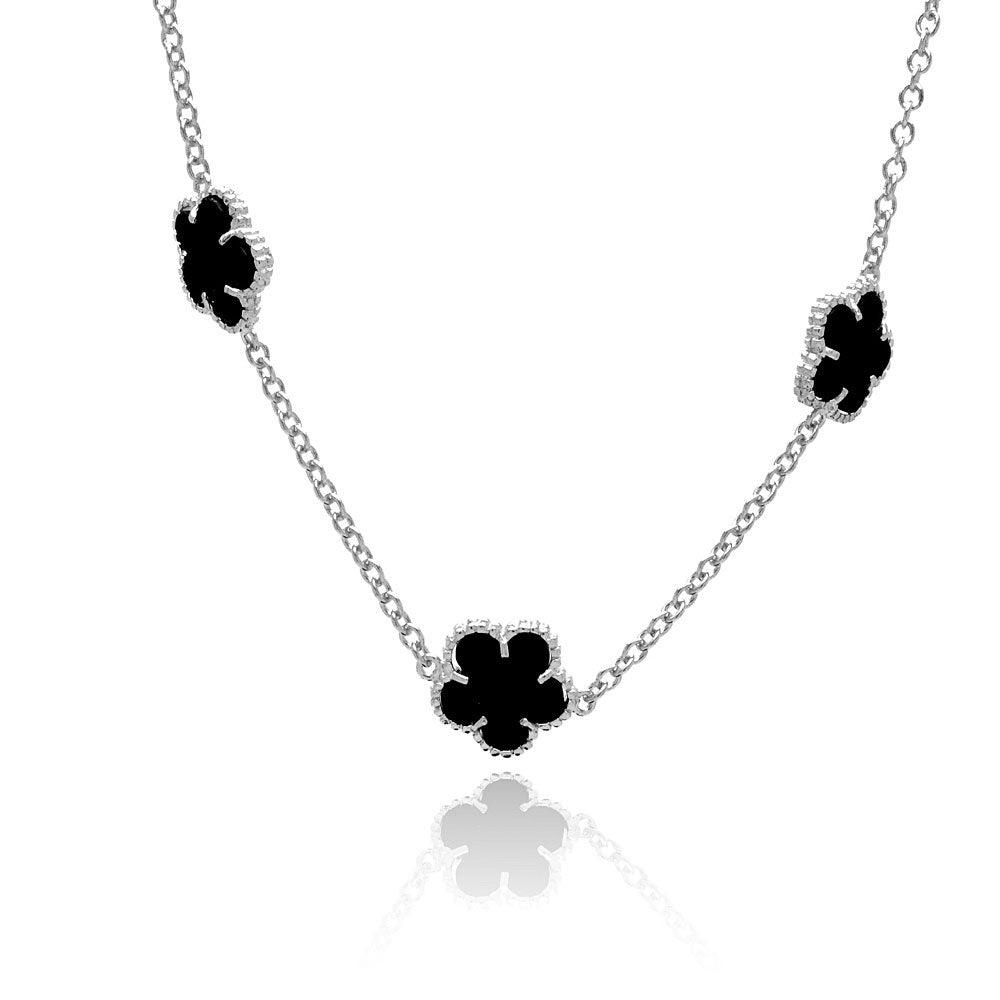 Silver 925 Rhodium Plated Flower Black Onyx Necklace - BGP00454