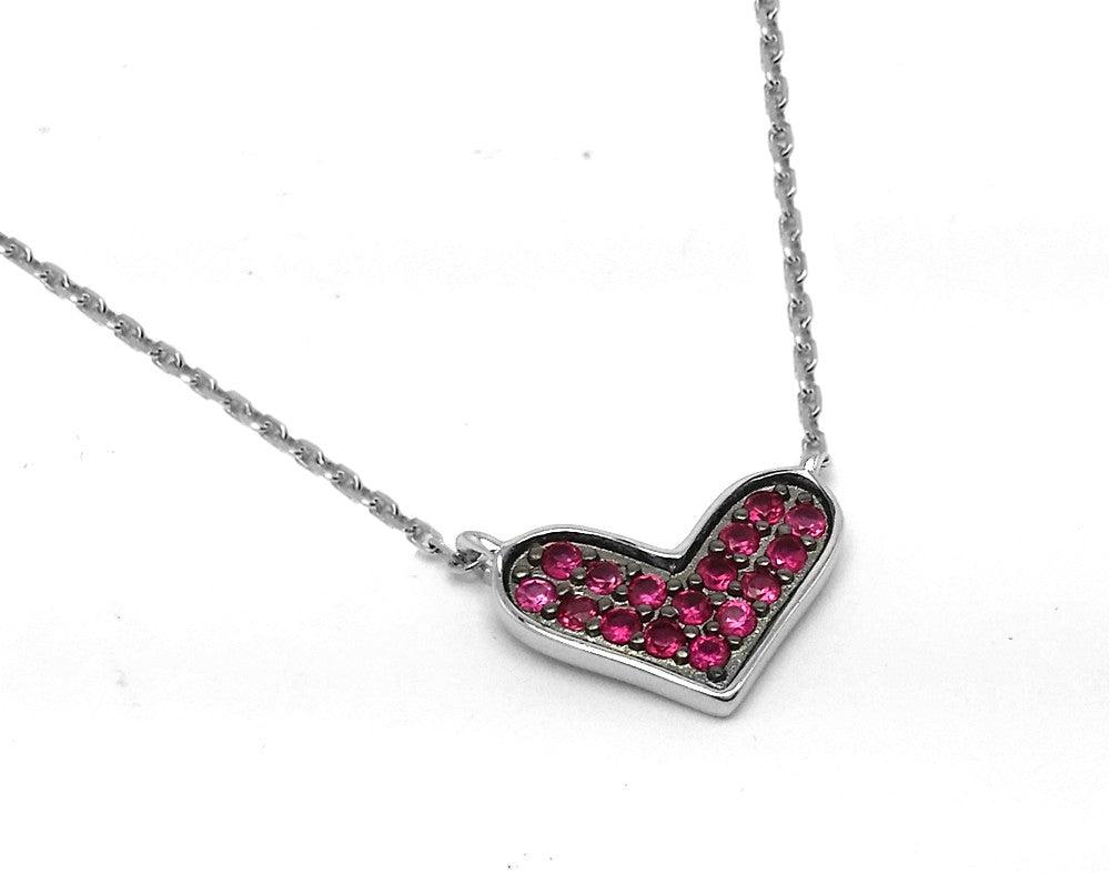 Silver 925 Rhodium and Black Rhodium Plated Red CZ Wide Heart Pendant Necklace - BGP00943RED