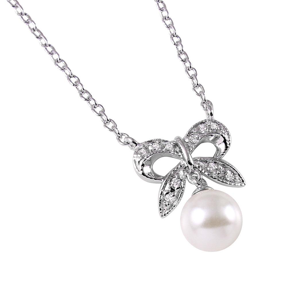 Silver 925 Rhodium Plated CZ Encrusted Bow with Hanging Synthetic Pearl - BGP00499