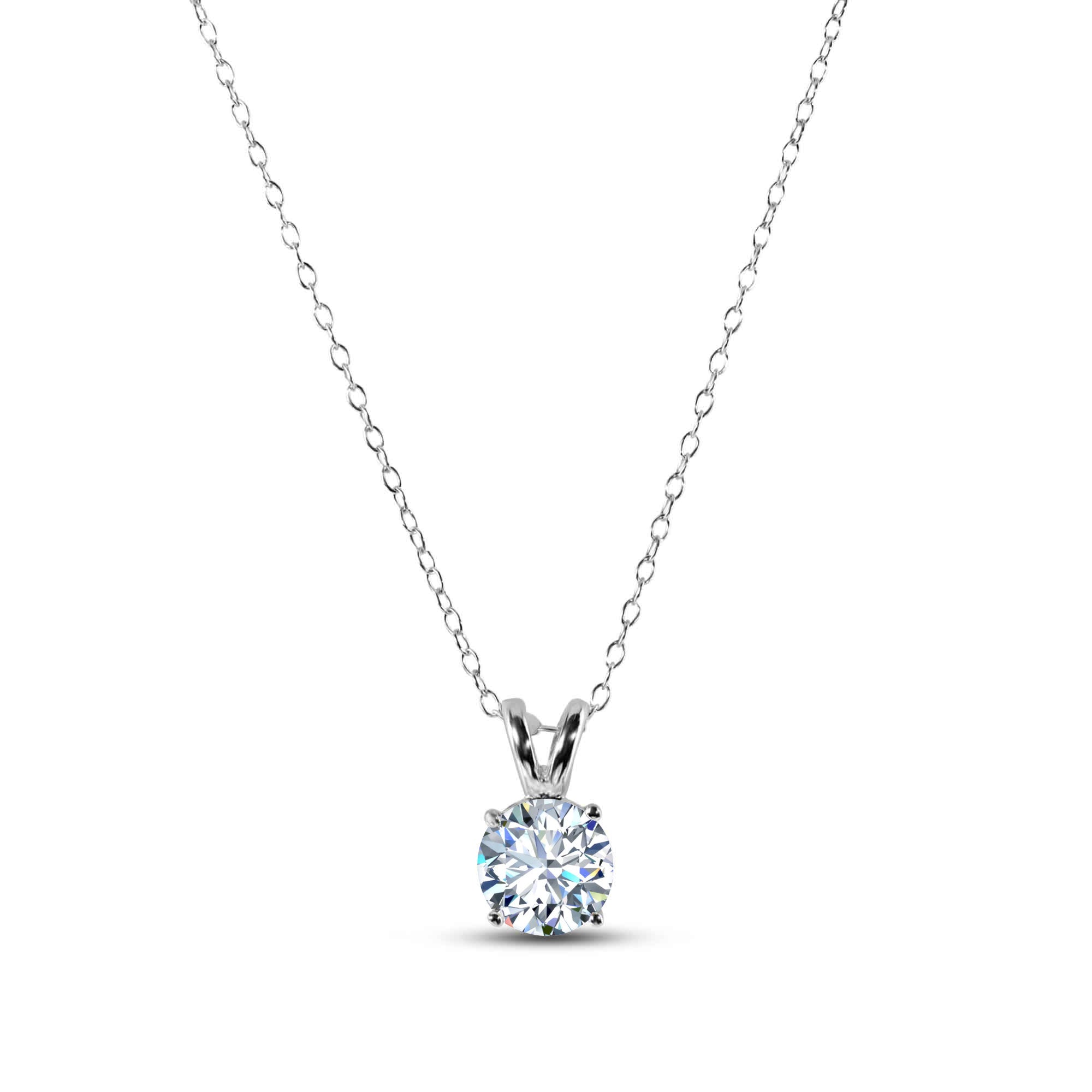 Sterling Silver Rhodium Plated Round Clear CZ V-Bail Solitaire Necklace - BGP00515A