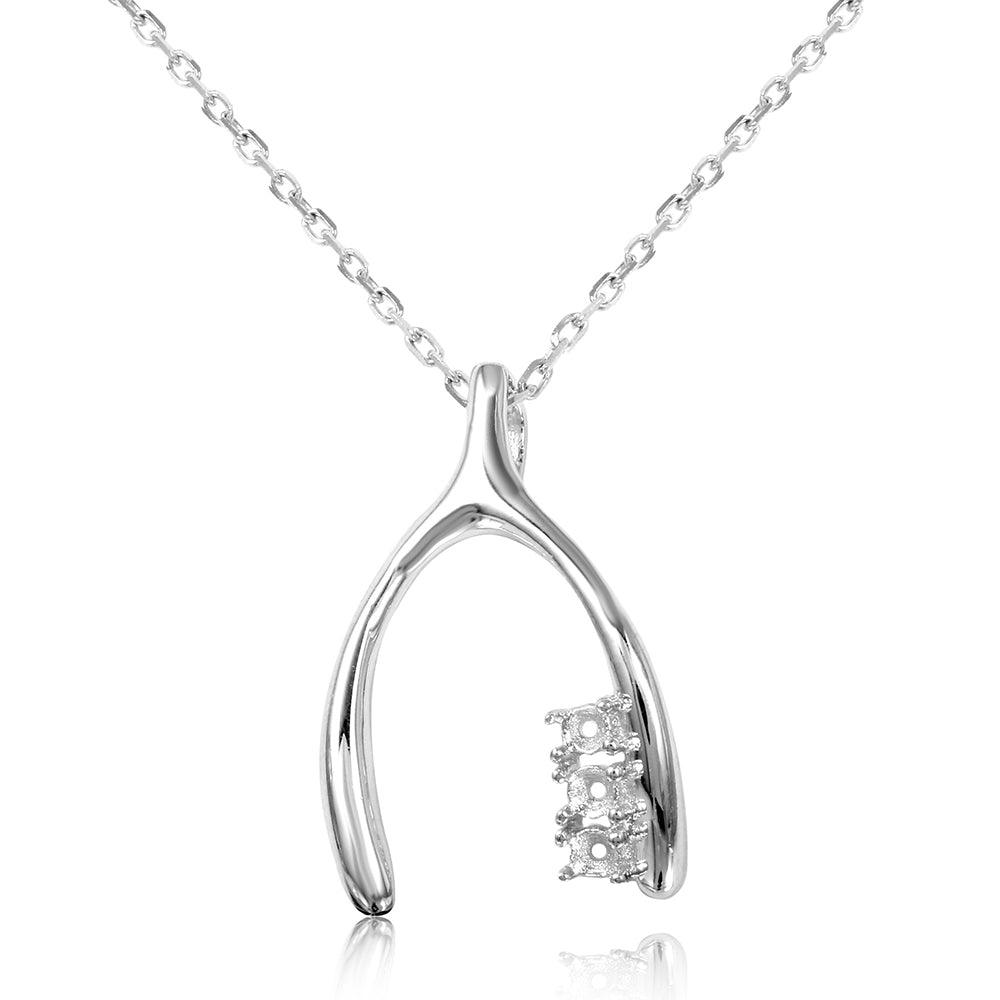 Silver 925 Rhodium Plated Personalized Wish Bone With 3 Mounting For Stones - BGP00539