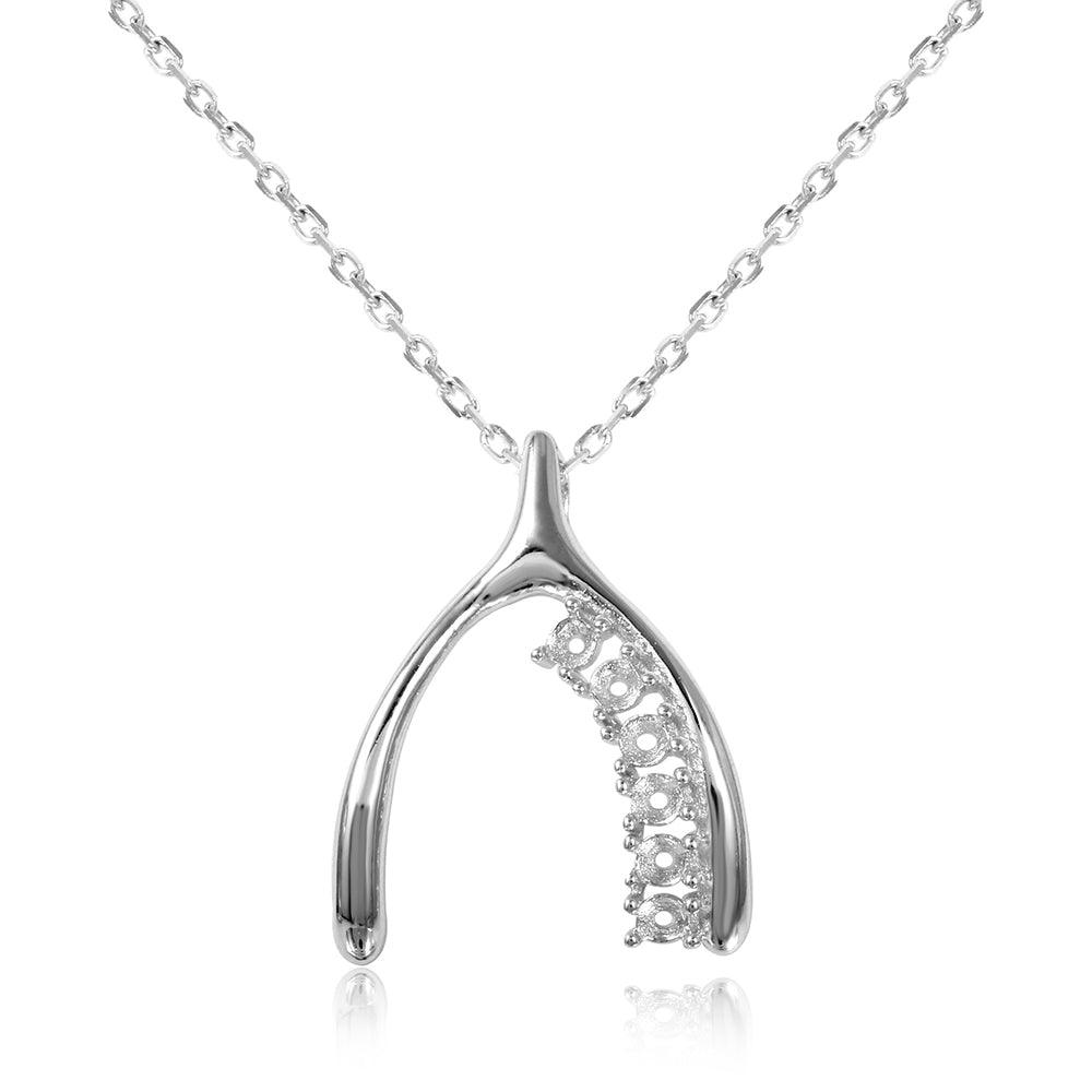 Silver 925 Rhodium Plated Personalized 6 Mounting Wish Bone Necklace - BGP00541