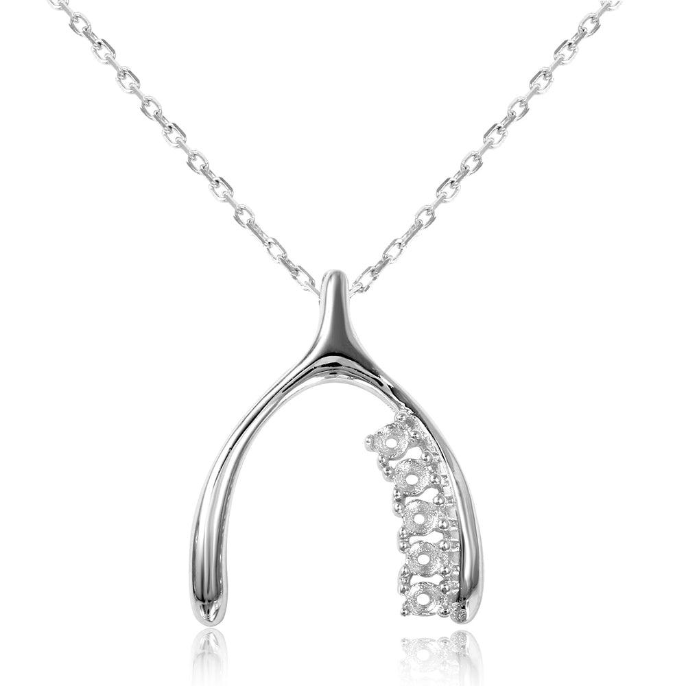 Silver 925 Rhodium Plated Personalized 5 Mounting Wish Bone Necklace - BGP00542