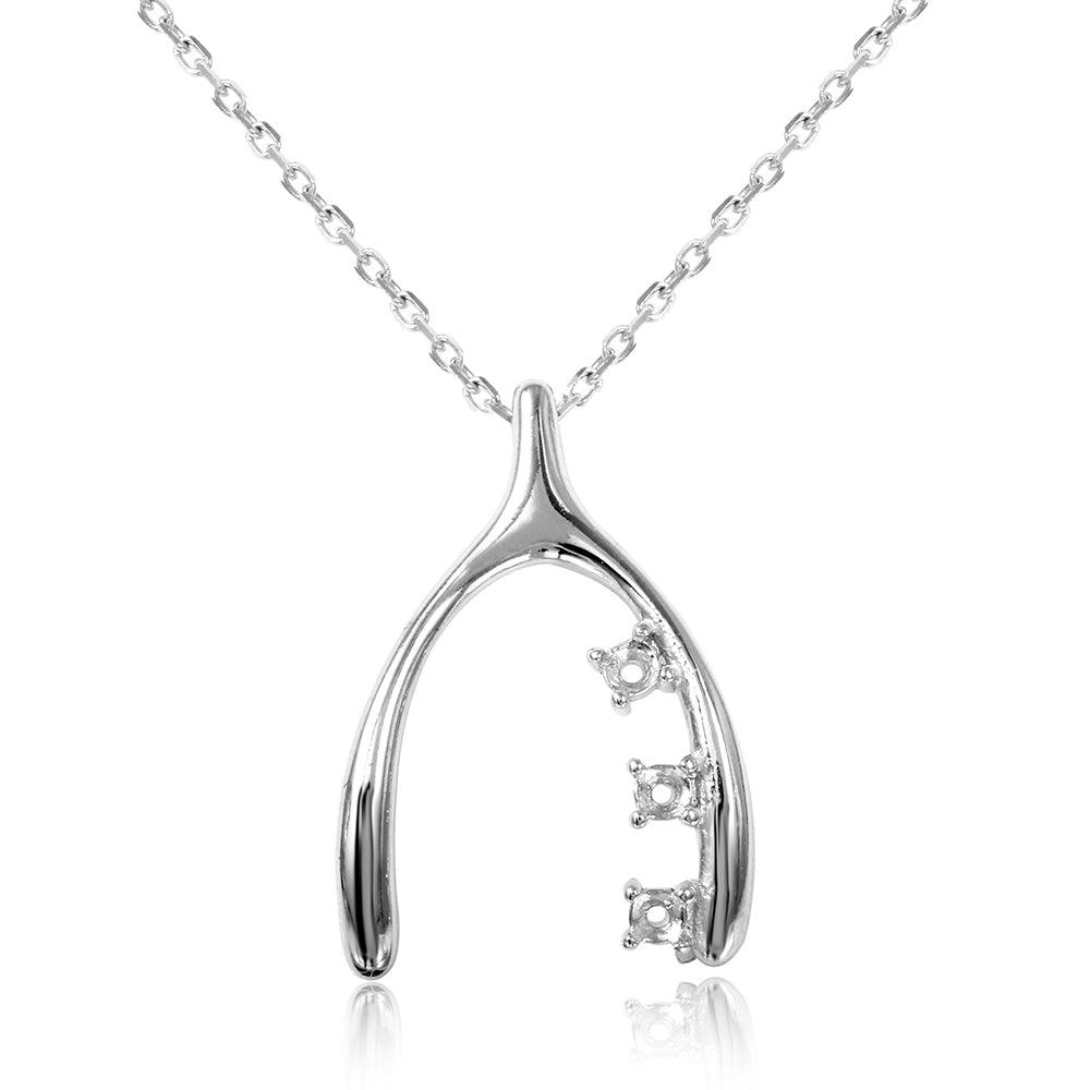 Silver 925 Rhodium Plated Personalized 3 Mounting Wish Bone Necklace - BGP00543