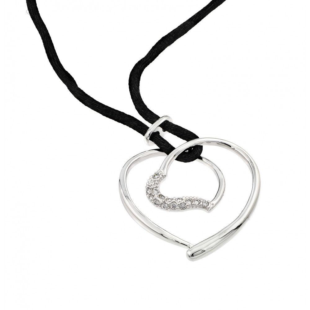 Closeout-Silver 925 Rhodium Plated Open Heart CZ Black Rope Necklace - BGP00595