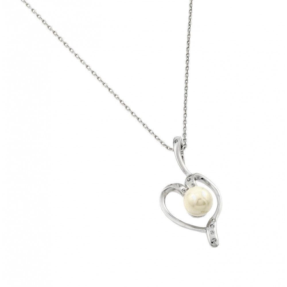 Silver 925 Rhodium Plated Open Heart CZ Center Pearl Necklace - BGP00611