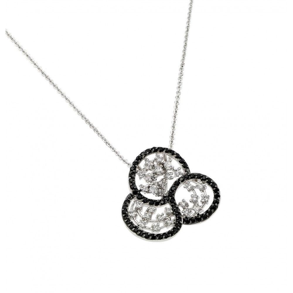 Silver 925 Rhodium Plated Black Outline Flower Clear Filigree CZ Necklace - BGP00620