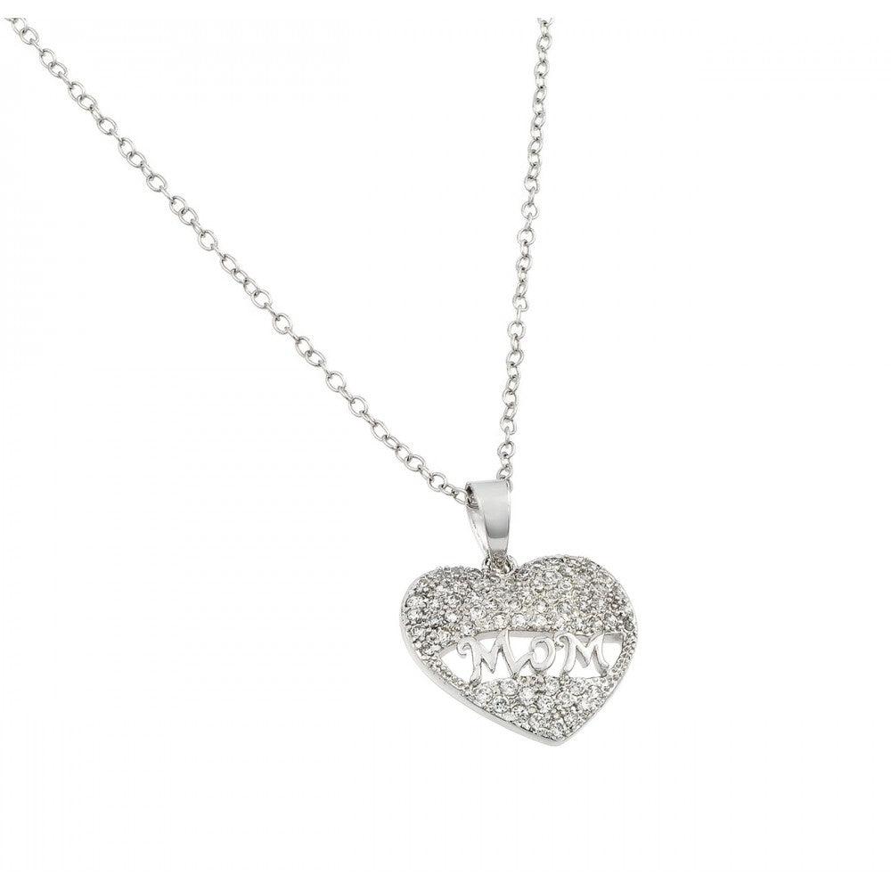 Silver 925 Rhodium Open Heart Mom CZ Filigree Pendant - BGP00624