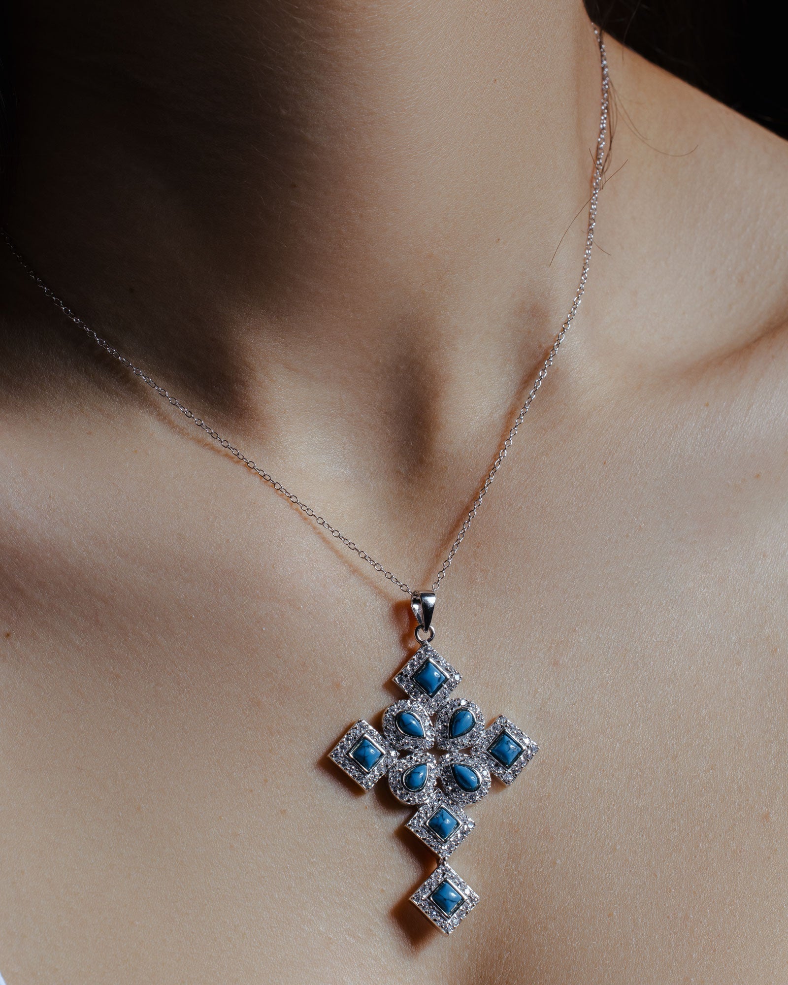 Silver 925 Rhodium Plated Blue Multiple Shape Cross CZ Necklace - BGP00645