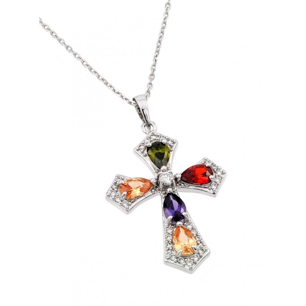 Silver 925 Rhodium Plated Multiple Color Teardrop Cross CZ Necklace - BGP00658