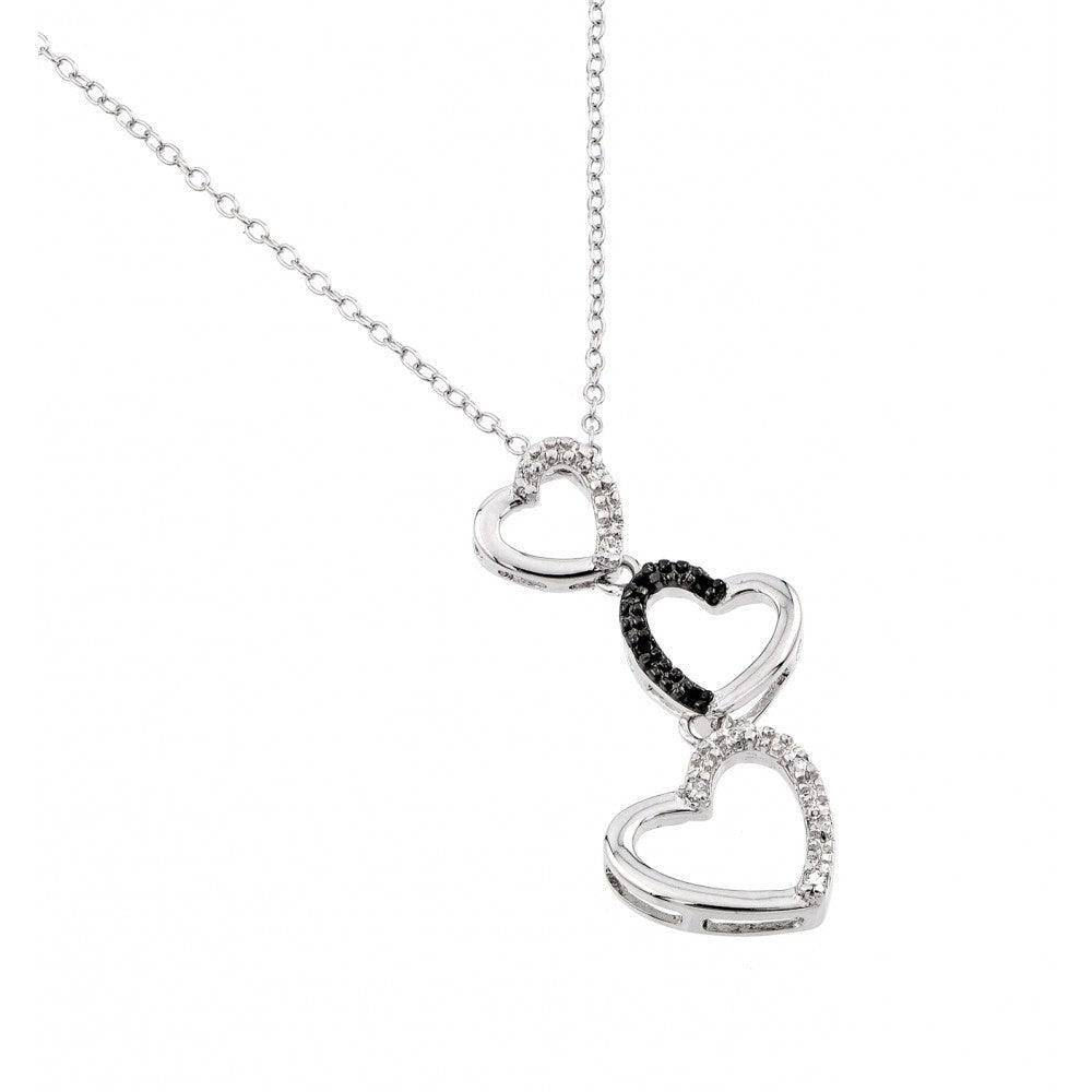 Silver 925 Rhodium Plated Three Graduated Open Heart Clear and Black CZ Necklace - BGP00679