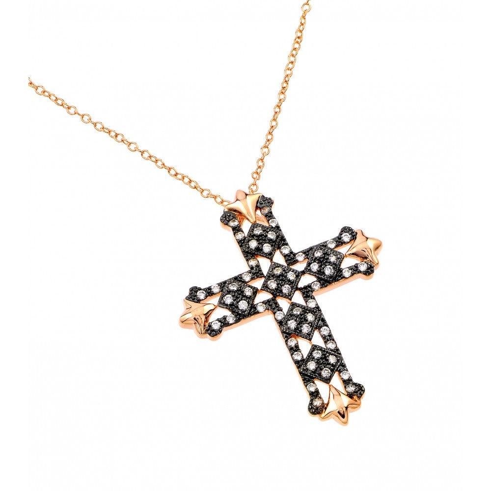 Silver 925 Rose Gold and Black Plated Clear Cross CZ Necklace - BGP00687RGP