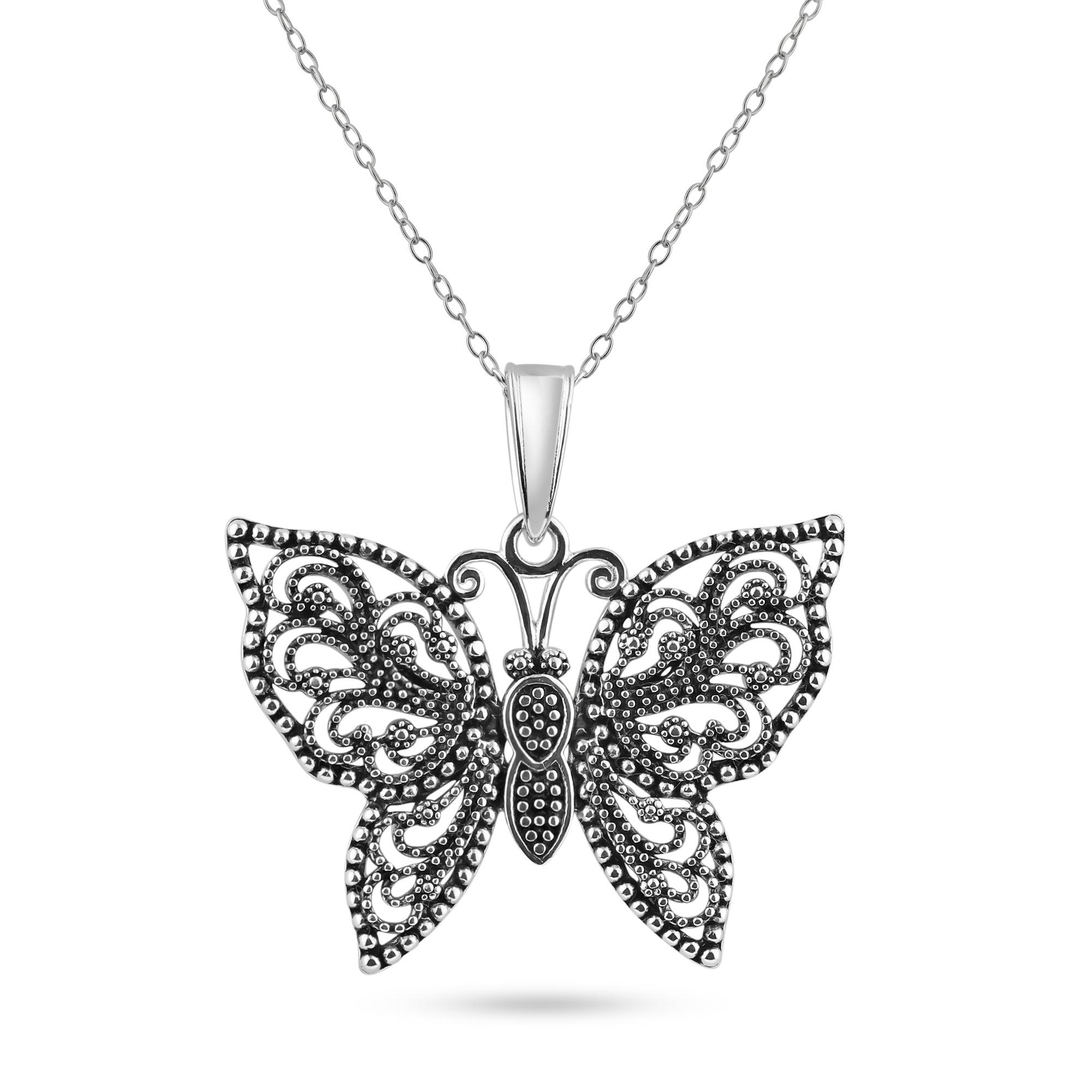 Oxidized 925 Sterling Silver Beaded Butterfly Pendant Necklace - BGP00697