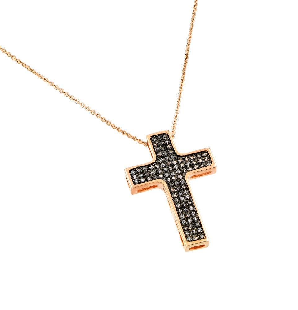 Closeout-Silver 925 Rose Gold Plated Black and Clear Cross CZ Necklace - BGP00704