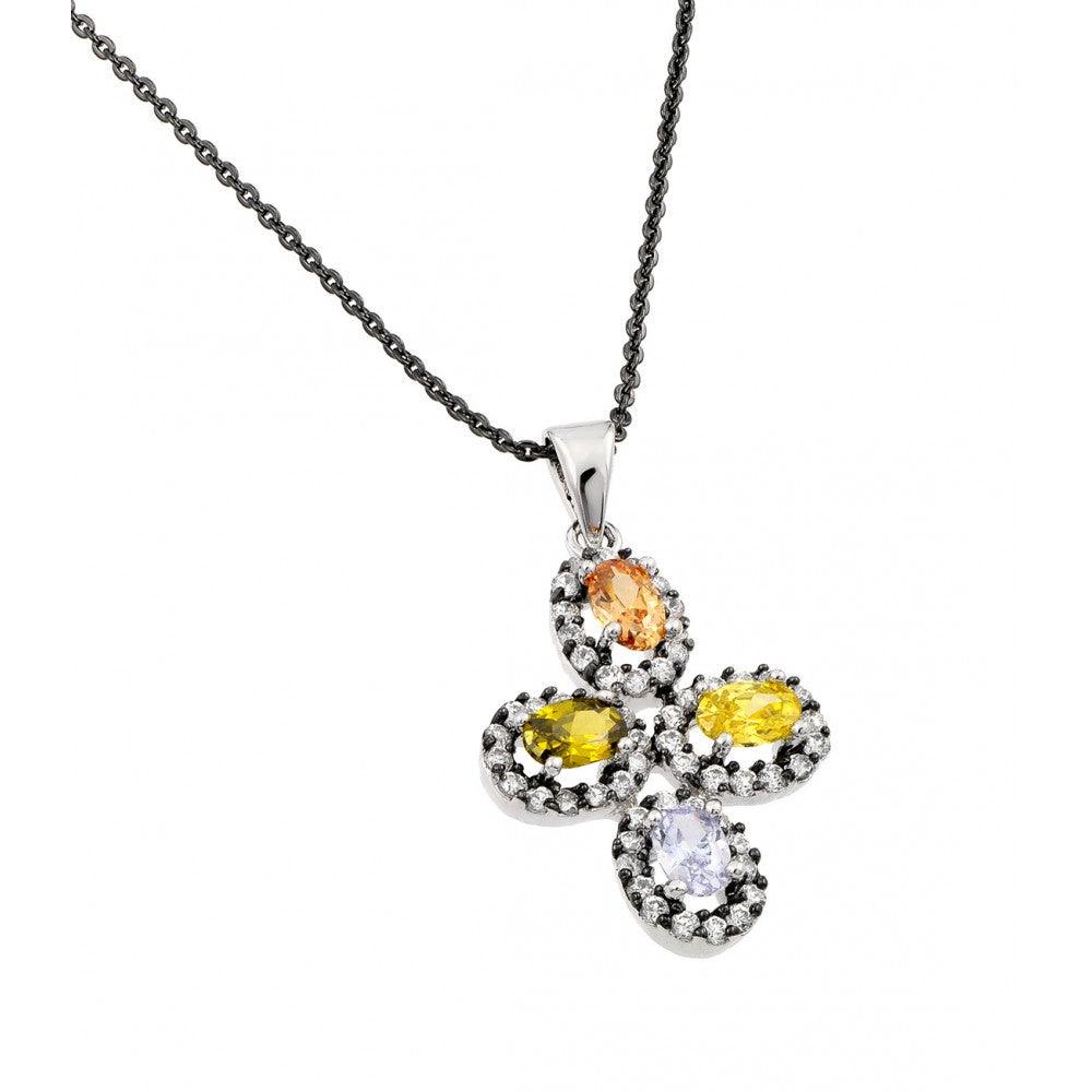 Closeout-Silver 925 Rhodium Plated Multicolor Flower Black and Clear CZ Necklace - BGP00706