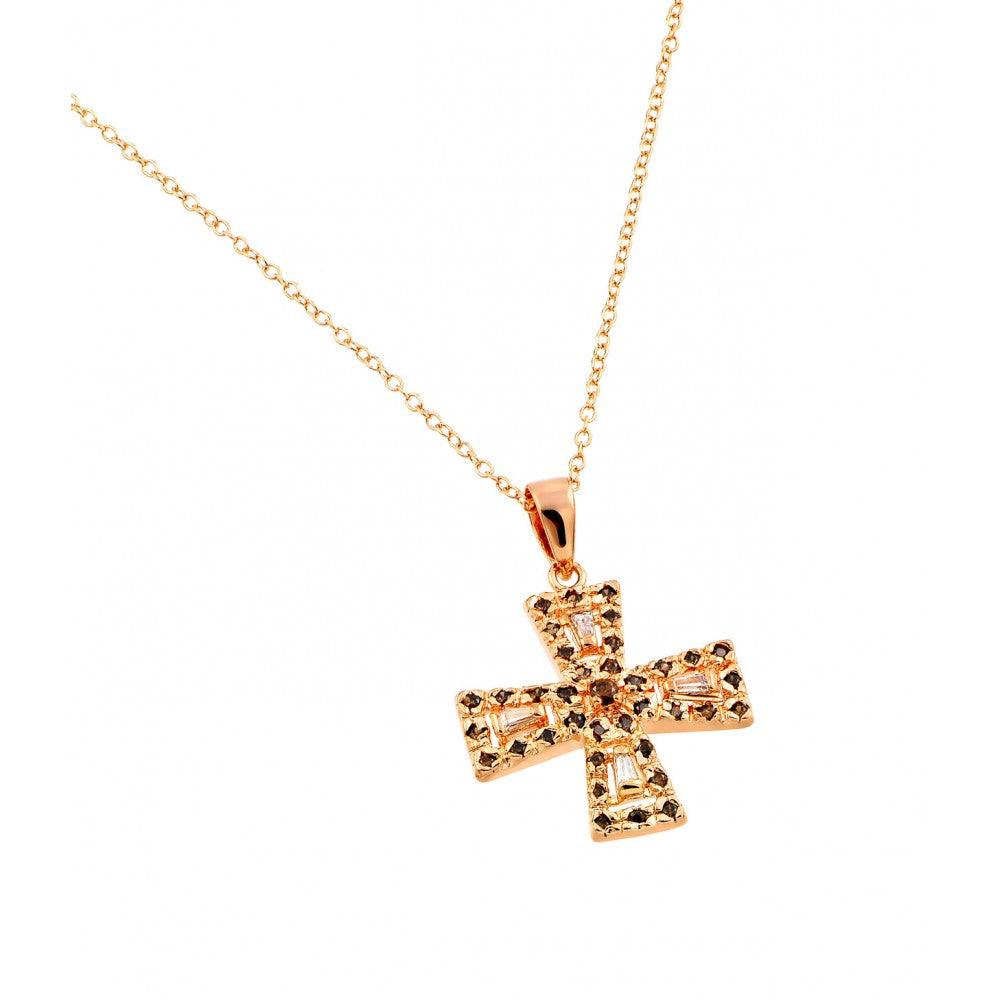 Closeout-Silver 925 Rose Gold Plated Cross Black and Red and Clear CZ Necklace - BGP00711