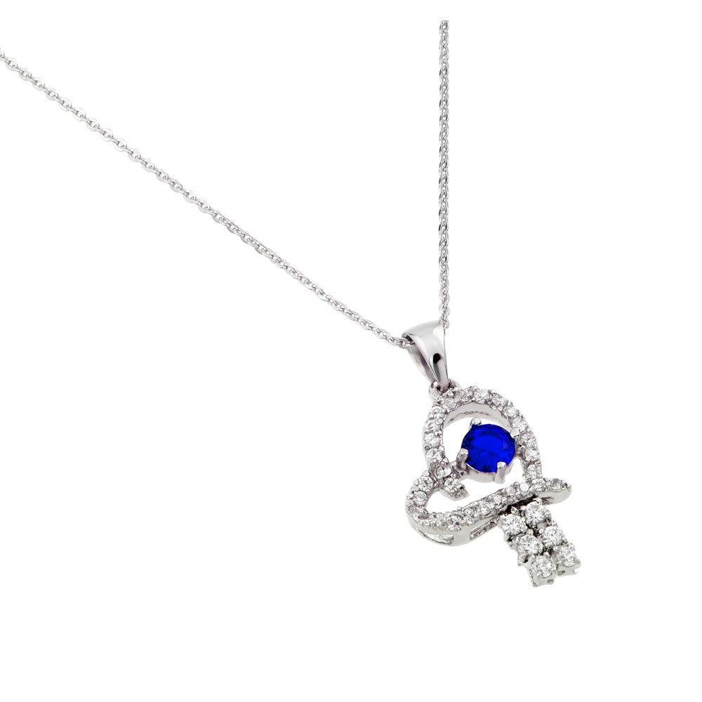 Silver 925 Rhodium Plated Blue CZ Heart Pendant - BGP00718