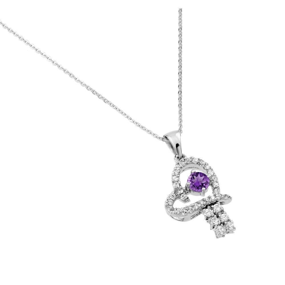 Silver 925 Rhodium Plated Purple CZ Heart Pendant - BGP00719