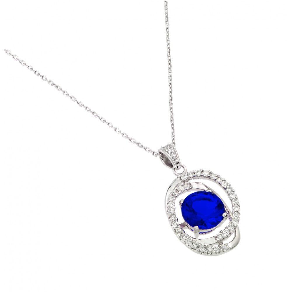 Silver 925 Rhodium Plated Blue CZ Circle Pendant - BGP00722