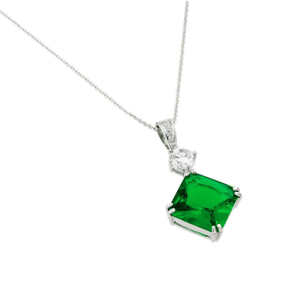 Silver 925 Rhodium Plated Green CZ Square Pendant - BGP00728