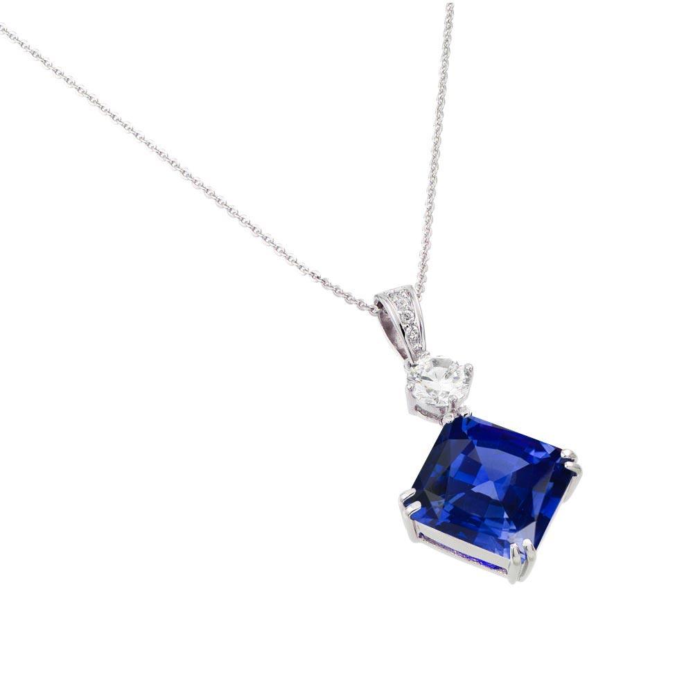 Silver 925 Rhodium Plated Blue CZ Square Pendant - BGP00726