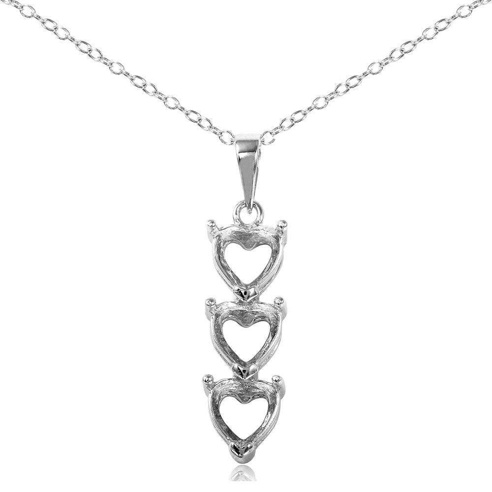 Silver 925 Rhodium Plated Personalized 3 Heart Drop Mounting Necklace - BGP00780