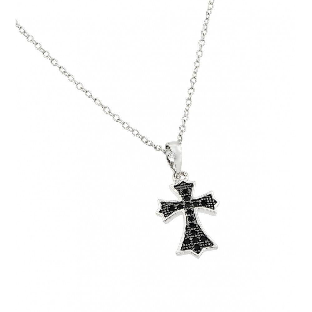 Silver 925 Rhodium Plated Black Cross CZ Inlay Necklace - BGP00806