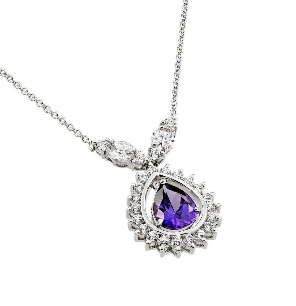 Silver 925 Rhodium Plated Purple CZ Drop Shape Pendant Necklace - BGP00830A