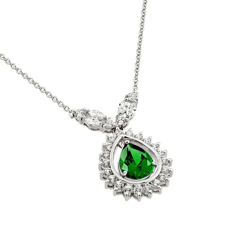 Silver 925 Rhodium Plated Green CZ Drop Shape Pendant Necklace - BGP00830G