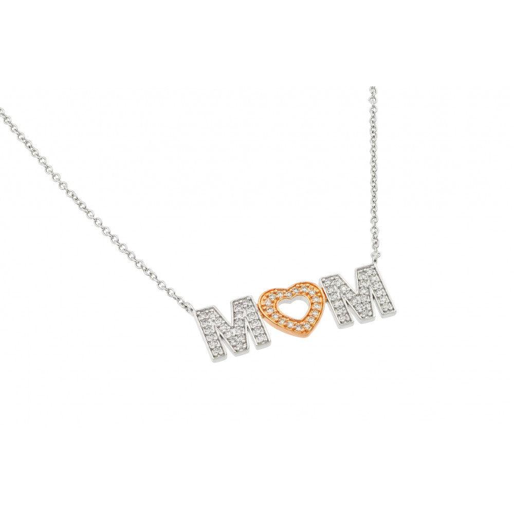 Silver 925 Rhodium and Gold Plated Clear CZ MOM with Heart Pendant Necklace - BGP00831